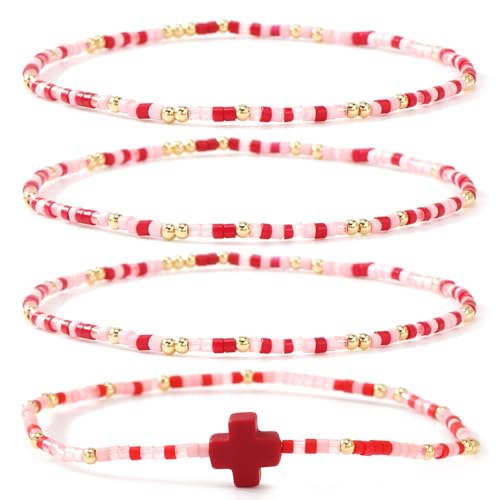 Gold Colorful Beaded Cross Bracelet Stack Set for Women,Handmade Bohemian Seed Beads Stacked Bracelets Fashion Holiday Jewelry Gift - color: Red