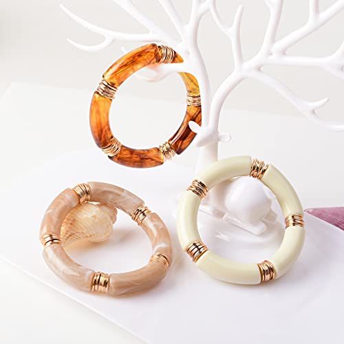 GOOJIDS Simple Beaded Gold Plated Bangles Bracelet Chunky Bamboo Tube Curved Stacking Clear Acrylic Colorful Beads Stretchable Gold Plated Bracelets Set For Women - color: S-Small size Brown 3PCS Set