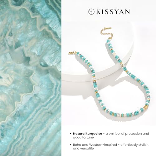 KissYan Boho Beaded Choker Necklace for Women, Gemstone Choker Natural Stone Freshwater Pearl Surfer Necklaces 14K Gold Plated Summer Beach Handmade Jewelry - color: L-Turquoise