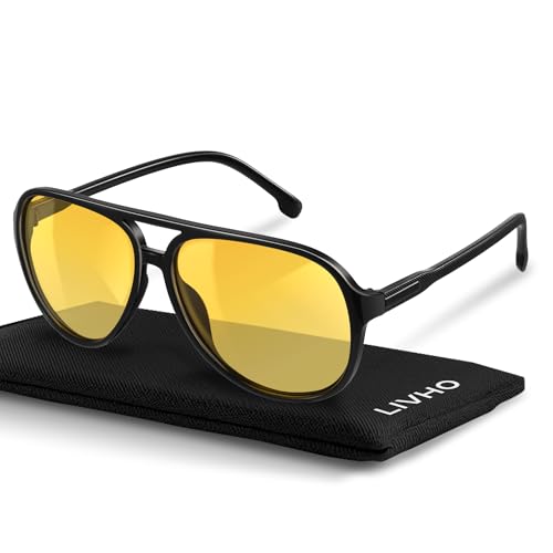 livho Trendy Polarized Aviator Sunglasses Women Men, Retro Sun Glasses for Women Men 2025, Oversized UV Protection Shades - color: Light Black/Yellow