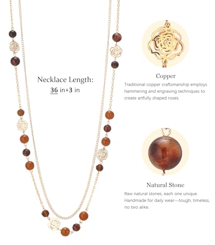 FULU AUTUMN Boho Gold Long Necklaces for Women Natural Stone Beaded Layered Long Necklace Mothers Day Gifts Dainty Flower Costume Jewelry for Women - color: Dark Coffee