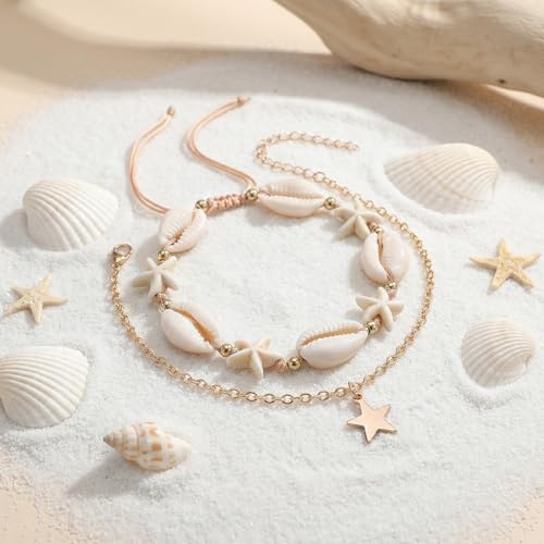 Boho Beads Beach Layered Anklet Set for Women, Handmade Gold Starfish Pearl Shell Anklets Summer Ocean Accessories Jewelry Gift - color: Shell Star