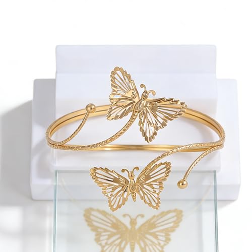 Upper Arm Cuff for Women, Simple Sexy Harness Armlet Bracelet with Crystal Adjustable Upper Arm Chain Bangle Arm Band for Women - color: Gold Butterfly