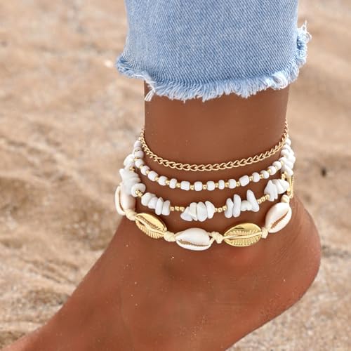 ZMANYIJEW Shell Ankle Bracelet Set for Women, Boho Pearl Adjustable Anklet,Beaded Layered Ankles Bracelets Shell Pendant Elastic Foot Chain Anklets for Women - style: 4pcs