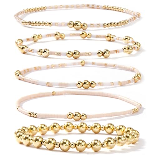 14K Gold Beaded Ball Stackable Bracelets for Women,Bohemian Stretch Colorful Seed Beads Bracelet Stack Fashion Holiday Jewelry Gift Friendship - color: Beige