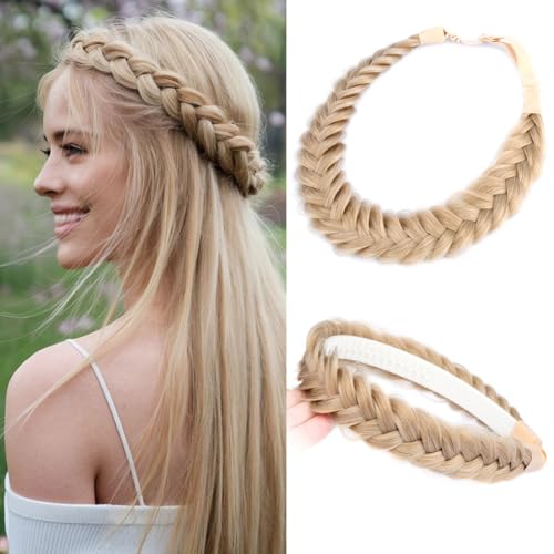 2PCs Braided Headband with teeth Handmade Messy Wide Synthetic Hair Elastic Stretch Fluffy Hairpiece for Brides (Honey Blonde) - color: Honey Blonde