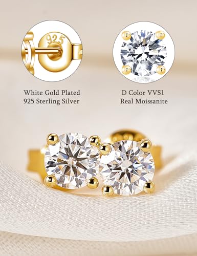 YODEWA 1/2/3ct Moissanite Stud Earrings for Women 925 Sterling Silver Hypoallergenic Butterfly Back 1 Pair DEF Color Lab Created Brilliant Round Moissanite Earrings - color: Round Yellow, size: 2CTW(1CT*2-6.5mm)
