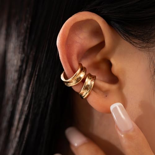 2Pcs Ear Cuffs Non Piercing Earrings for Women Dainty Gold Metal Huggige Hoops Cuff Cartilage Earring Trendy Fake No Pierced Statement Jewelry