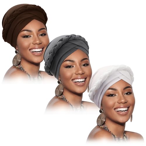 African Women Turban Caps Beanie Pre-Tied Twisted Braids Headwraps for Women Head Scarf Chemo Cancer Headwear Cap - color: 3 Pack Twisted Braid: Dark Grey/White/Dark Brown