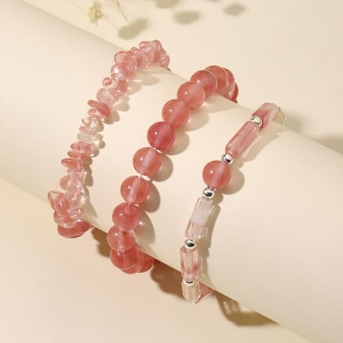 3Pcs Natural Stone Bracelets for Women 8mm Crystal Beaded Bracelets Handmade Stretch Bracelet Healing Crystal Jewelry for Women - style: Watermelon Cherry Quartz