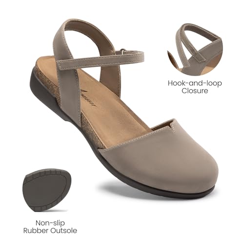 Athlefit Women's Closed Toe Sandals Comfort Cork Footbed Arch Support Flat Sandals - color: Taupe, size: 6