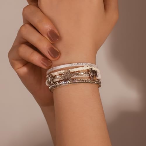 FANCY SHINY Turtle Starfish Leather Wrap Bracelet Boho Rhinestone Pearl Cuff Bracelets for Women Summer Beach Jewelry for Women - color: White