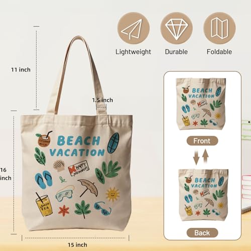 Canvas Tote Bag with Zipper for Women, Aesthetic Tote Bag with Pocket for Vacation, Shopping, Travel, Beach - style: Beach Vacation