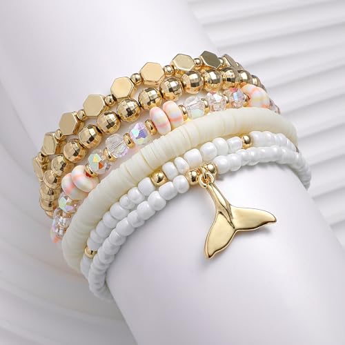 Shell Bracelet Seashell Boho Beaded Stretch Bracelets for Women Summer Beach Bracelets Starfish Charm Bracelet Stackable Gold Plated Bracelets Set for Women - color: k-shell 6pcs set
