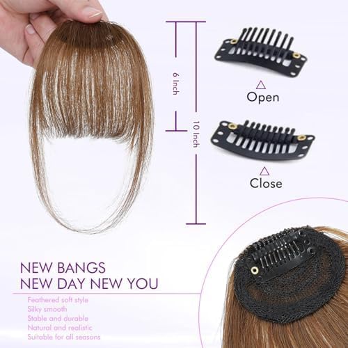 ELEFOCUS Clip-on bangs 100% real hair Fine light brown fake bangs Daily wear fake bangs - color: Light Brown, size: Wispy Bangs
