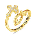 Vito 925 Sterling Silver Adjustable Open Spoon Ring for Women Men, Lotus Sunflower Snake Spoon Band Rings Feather Hug Witches Knot Inspirational Jewelry Gift for Wife - style: Jesus Fish-Golden