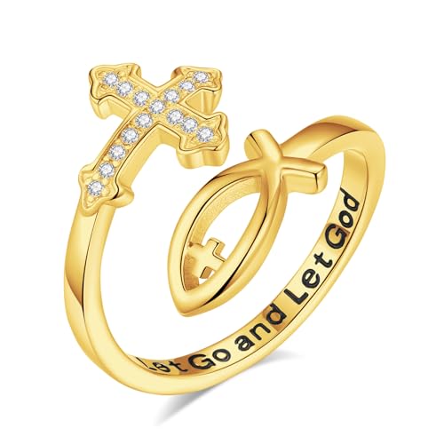 Vito 925 Sterling Silver Adjustable Open Spoon Ring for Women Men, Lotus Sunflower Snake Spoon Band Rings Feather Hug Witches Knot Inspirational Jewelry Gift for Wife - style: Jesus Fish-Golden