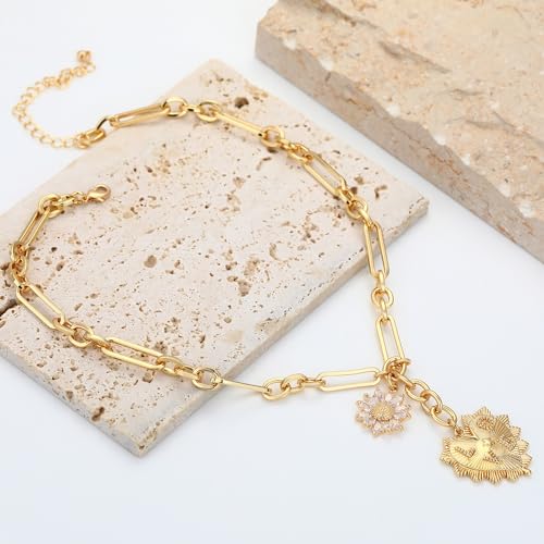 Gold Love Heart Sun Charm Chunky Paperclip Chain for Women Trendy 18K Gold Plated Coin Sunflower Pendant Choker Necklace Hip Hop Jewelry Gifts for Her - style: LOVE HEART, SUNFLOWER