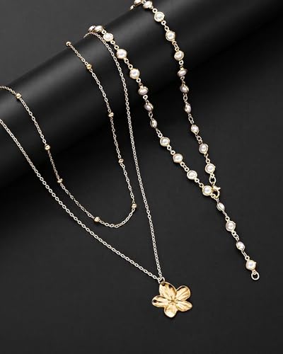 Layered Gold Flower Shell Pearl Necklaces for Women Long Pearl Y-Shaped Necklace Trendy Gold Flower Shell Pendant Necklace Dainty Pearls Choker Summer Jewelry Accessories Gift - color: A2:gold layered necklaces