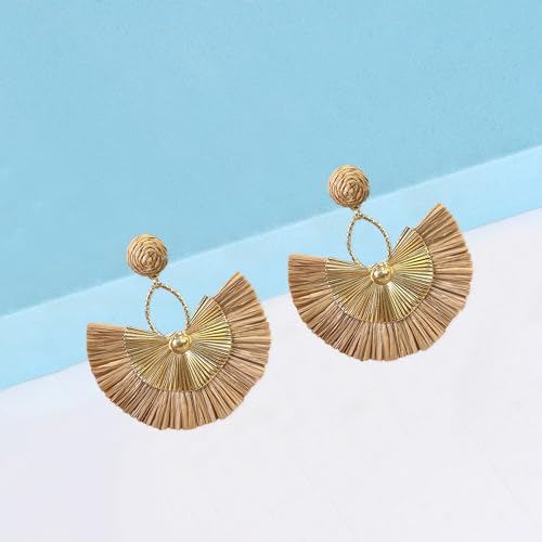 Anmpab Straw Fan Bohemian Tassel Earrings for Women Trendy Colorful Fringe Summer Beach Statement Earrings - color: Brown