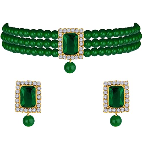 Aheli Ethnic Choker Necklace Earrings Wedding Bollywood Party Jewelry Set Gift for Women - color: Green 2