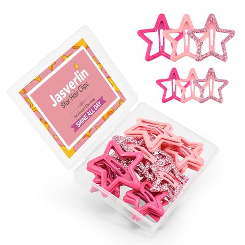 JASVERLIN 36 Pcs Star Snap Hair Clips, Y2k Colorful Cute Barrettes for Women Girls, Thick Fine Non-Slip Hairclips Accessories Glitter Kawaii Rave Assorted Size Style (Pink) - color: Pink