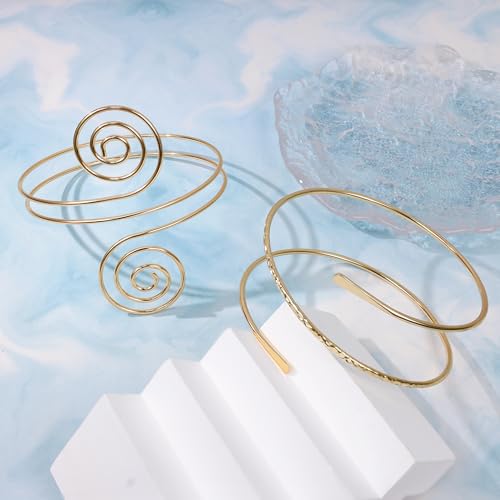 2Pcs Gold Arm Cuff for Women Adjustable Arm Cuff Bracelet Minimalist Open Coil Upper Arm Band Cuff Bangle Set - style: Gold E