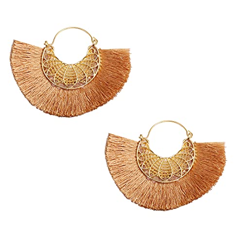 Tassel Hoop Earring Statement Thread Dangle Earrings Stylish Long Fringe Drop Earrings Lightweight Long Swingy French Hook Earrings for Women - color: B khaki