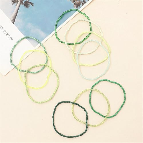 Boho Stackable Rice Beaded Bracelet Set for Women 8-10Pcs Colorful Handmade Multilayered Crystal Beads Bracelets Summer Beach Bohemian Jewelry Gift - color: A Green