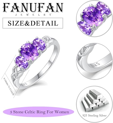 Celtic Birthstone Rings for Women 925 Sterling Silver Celtic Knot Ring 3-Stone Promise Rings for Her Wife Birthday Anniversary Wedding Jewelry - color: 02-Feb-Amethyst