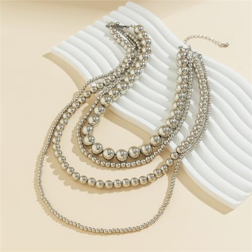 YBMYCM Layered Gold Chunky Necklaces Multi Strand Bead Necklace Wedding Bridesmaid Necklace Jewelry For Women - style: 4PCS Silver Chain