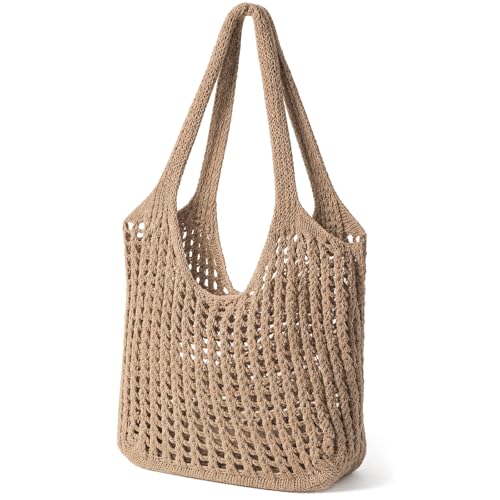 Tavaleu Crochet Tote Beach Bags for Women, Mesh Beach Tote Knit Bag, Summer Vacation Aesthetic Boho Hobo Shoulder Bag - color: Dark Khaki - Grid