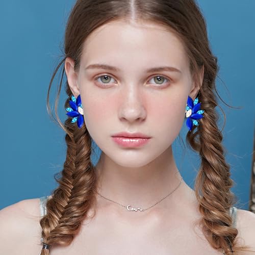 Bohemian Statement Sparkly Colourful Fancy Rhinestone Crystal Flower Dangle Drop Stud Earrings Vintage Wedding Bridal Prom Earrings for Women - color: Blue