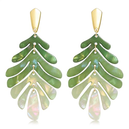 ARATLENCH Acrylic Pendant necklace Earrings – Long Statement Leaf Charm Necklace Tortoise Resin Palm Leaf Earrings Fashion Necklaces Earrings for Women - color: green A