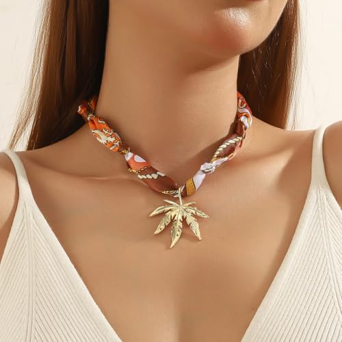 Scarf Long Fabric Colorful Silk Scarves Multi Pendant Necklace For Women Statement Boho Choker Twisted Ribbon Band Pearl Accent Heart Maple Leaf Bee Daisy Dragonfly Star Green Gem Charms - color: Orange Maple leaf