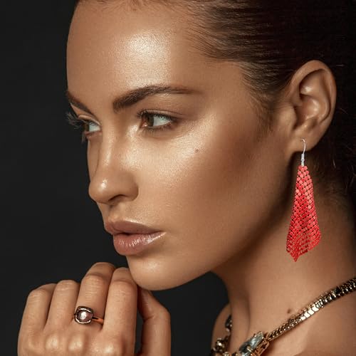 Sequin Earrings for Women Metal Mesh Grid Sequins Tassel Long Drop Dangle Earrings Trendy Charms Bridal Wedding Jewelry - color: Red