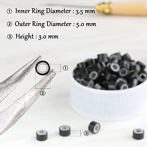 NIACONN 1000pcs 5 mm Tinsel Hair Extensions Beads, Silicone Lined Ring Micro Link I-tip Beads for Hair Extension - Black - color: Black, size: 5mm
