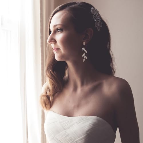Dangling Earrings for Women Bridal Earrings for Wedding Rhinestone Wedding Prom Anniversary Delicate Leaf silver drop Earrings Long Earrings- Elegant Earrings - color: 01 Leaf Gold
