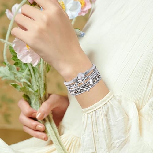 VIBILIA Boho Leather Wrap Bracelets for Women Multi-Layer Bracelets with Strong Clasp Jewelry for Women - color: 01-Heart-Silver