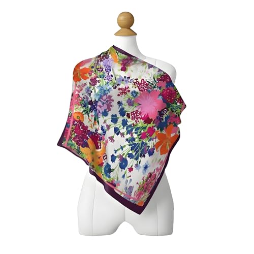 Premium Floral Scarf for Women 35x35 Square Silk Feel-Lightweight Scarves Headscarf Bandanas Wrapping Handbag - color: Wildflower Meadow (White/Purple)