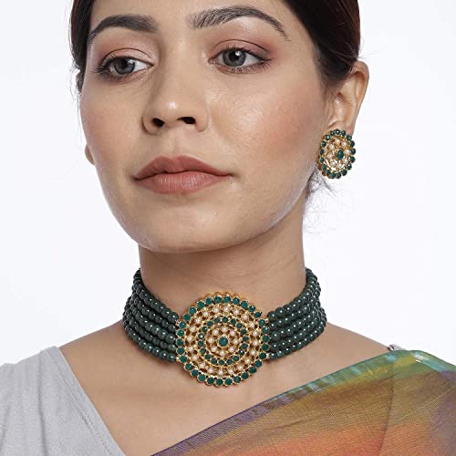 Aheli Pearl Diamond Choker Necklace & Round Earrings Gift for Women Indian Traditional Bollywood Fashion Bharatanatyam jewellery set - color: Green 1