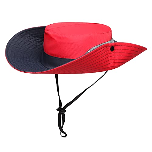 Womens Summer Sun Hat Beach Hat Wide Brim Outdoor UV Protection Hat Foldable Cool Mesh Ponytail Bucket Hat - color: Red-blue