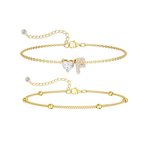 CAROVO Gold Ankle Bracelets for Women Waterproof 14K Real Gold Plated CZ Initial Anklet for Women Dainty Layered Letter A-Z Heart Ankle Bracelets Handmade Adjustable Anklet Summer Beach Jewelry - style: F