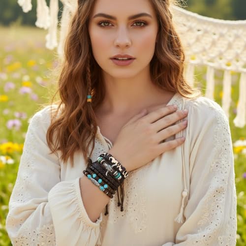 Turquoise Leather Western Bracelets for Women Men Bohemian Retro Turquoise Wrap Bracelets Exquisite Layered Stacked Cowboy Cowgirl Bracelet Western Country Concert Outfits Leather Cuff Bracelet for Women - style: Bull Head,Turquoise