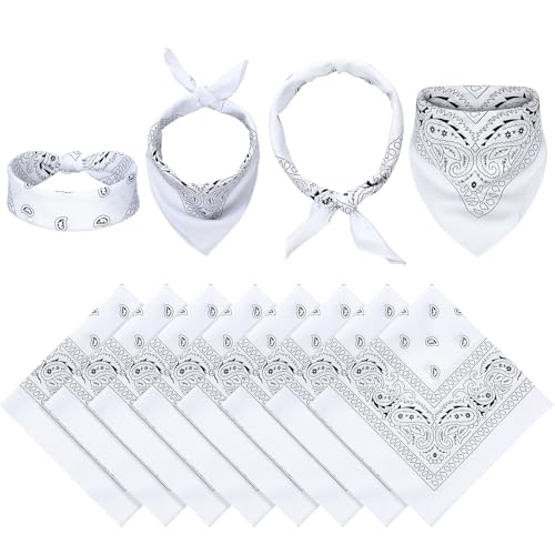 Blulu 12 Pack Neon Bandanas Bulk Multi Purpose Paisley Cowboy Bandanas for Men Women Headband Western Music Festival Rave - color: White