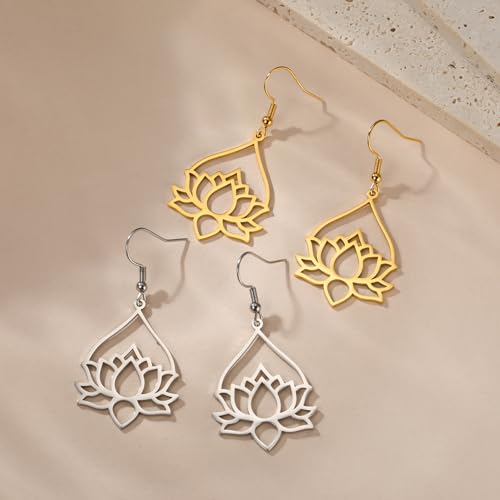 TEAMER Stainless Steel Lotus Flower Dangle Earrings Bohemian Drop Earring Unique Geometric Jewelry for Women - color: Lotus 7-Gold