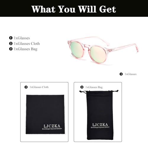 LJCZKA Round Polarized Sunglasses for Men Women Retro Small Face Sunglasses Polarized Vintage Sun Glasses UV400 Protection - color: Clear Pink Pink(mirrored)