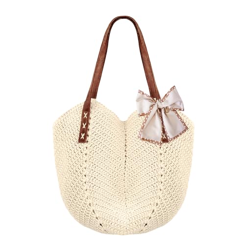Peicees Crochet Woven Bag with Leak-Proof Lining for Women- Small Beach Purse Boho Shoulder Bag Summer Vacation Travel - color: Beige
