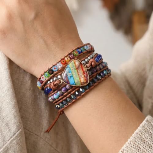 YGLINE Boho Handmade Wrap Leather Tube Crystal Stone Bracelet for Women - color: Chakra 4