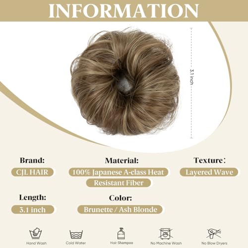 CJL HAIR 2PCs Small Cute Messy Bun Hair Piece for Thin Hair Women Mini Synthetic Curly Bun Scrunchies Updo Hairpieces Brunette/Ash Blonde - color: 2PCS-Brunette/Ash Blonde